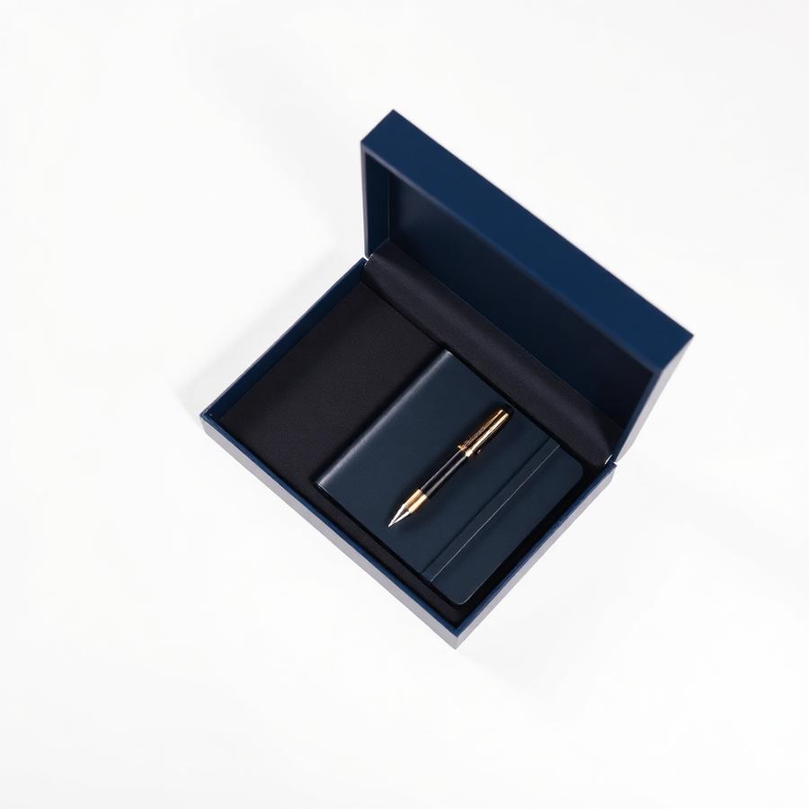 Open navy gift box containing a premium pen and a small notebook